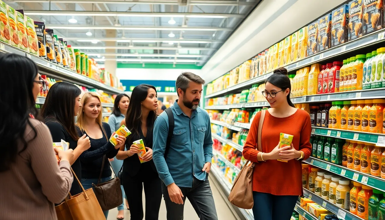 diverse shoppers exploring plant-based foods and beverages in a modern store.