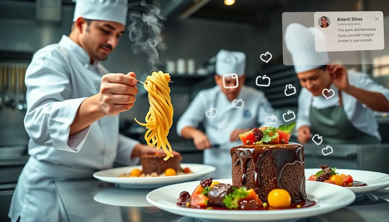 chefs preparing visually appealing dishes in a modern kitchen.