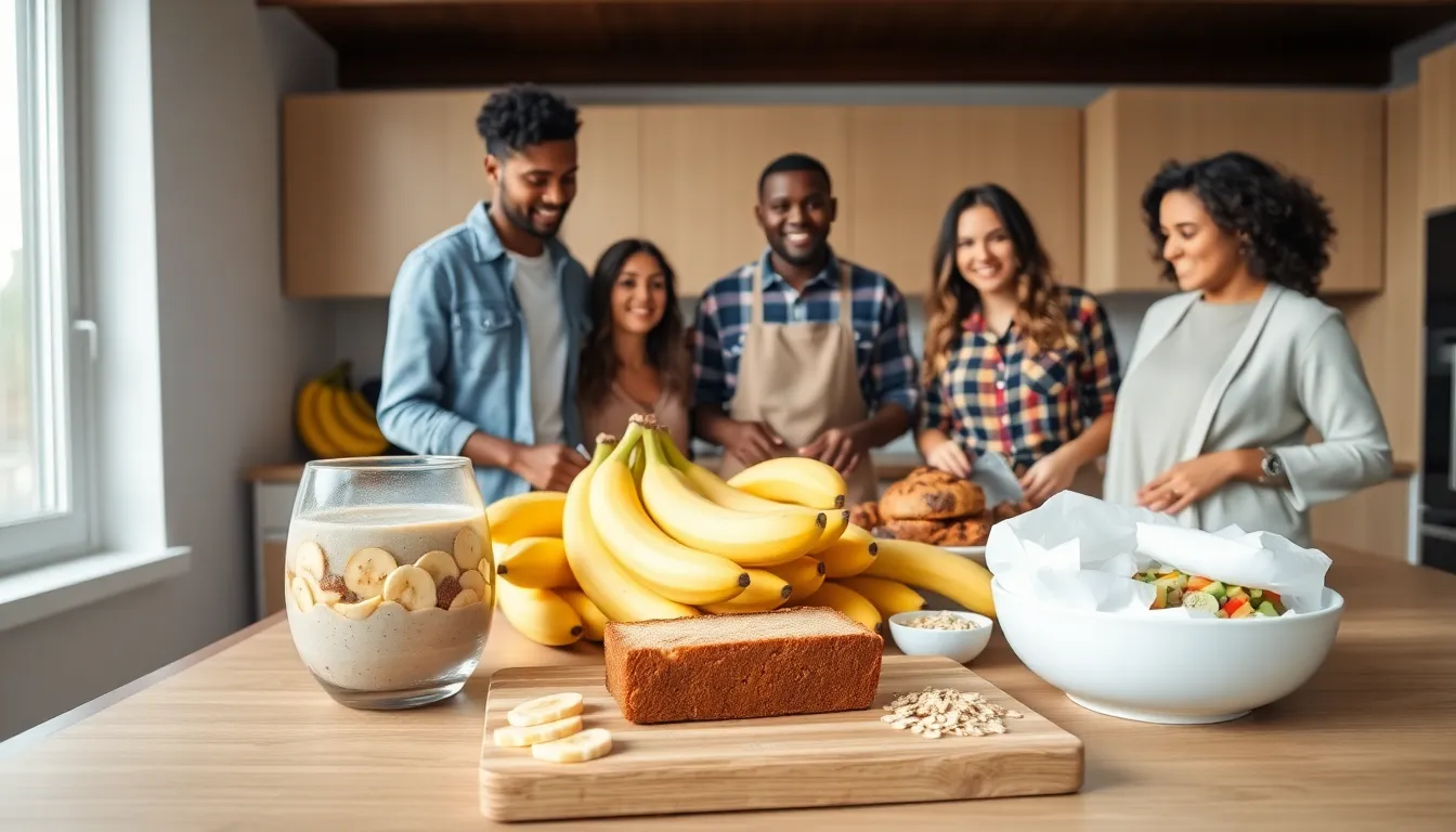 fresh bananas and healthy recipes displayed in a modern kitchen.