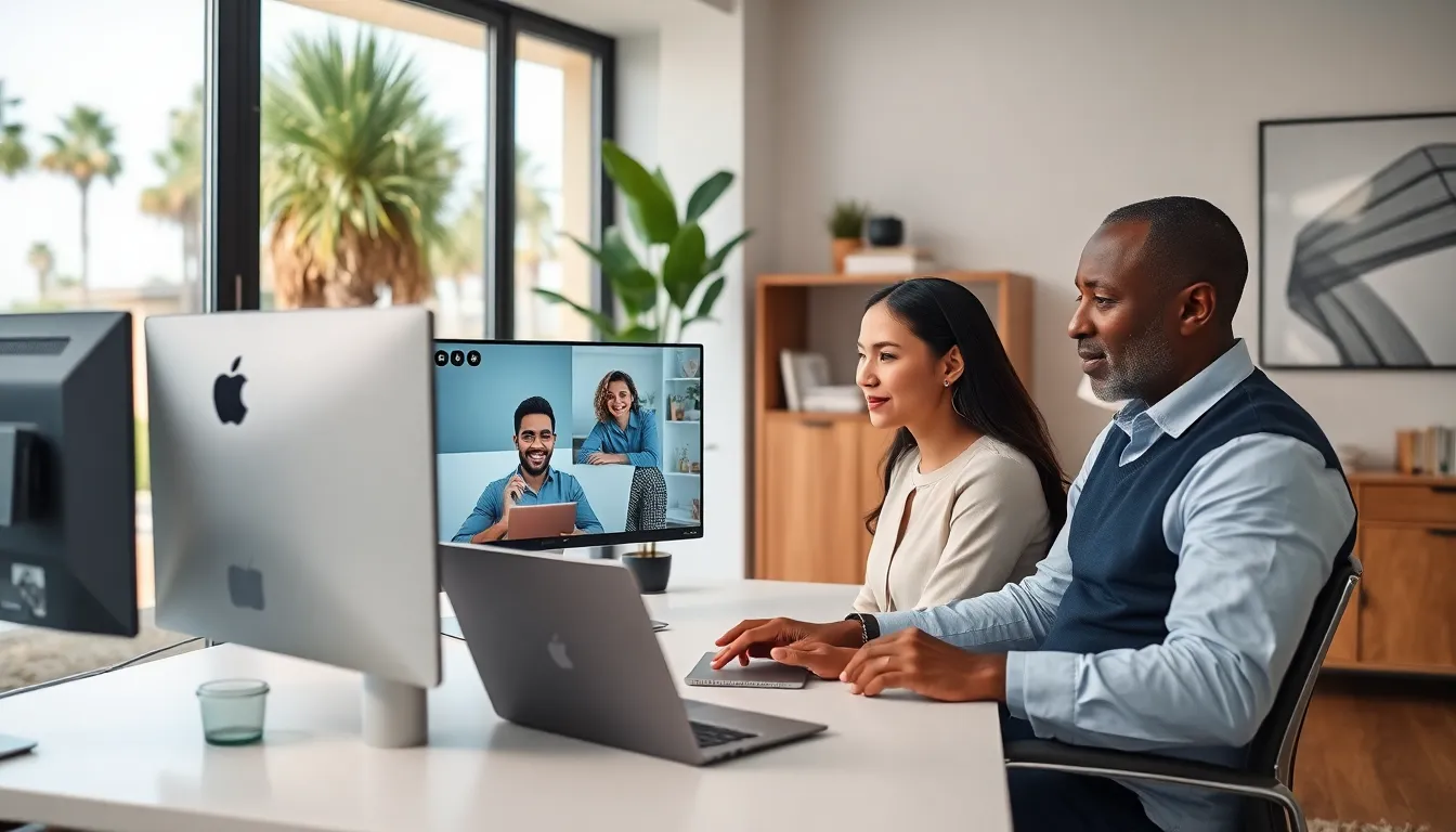diverse professionals working remotely in a modern California home office.