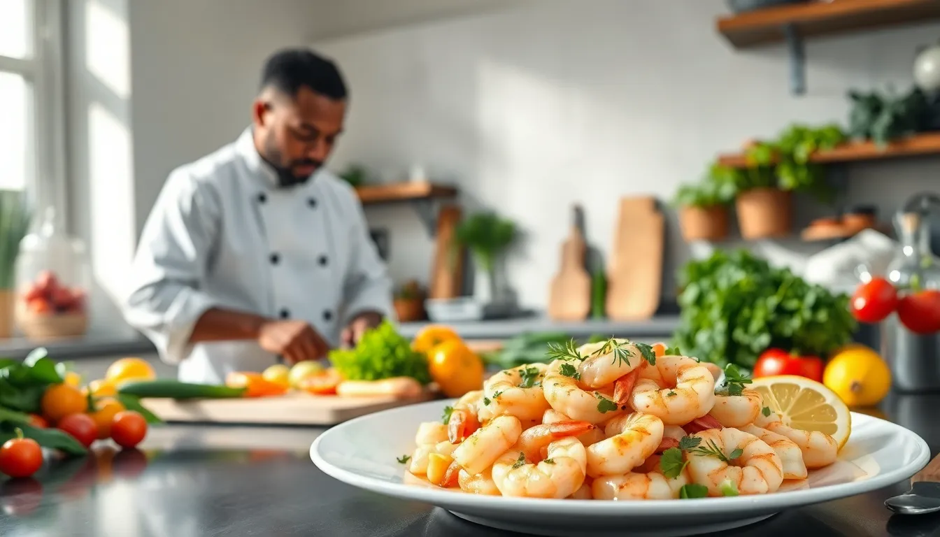 Chef preparing a healthy shrimp dish in a bright kitchen.