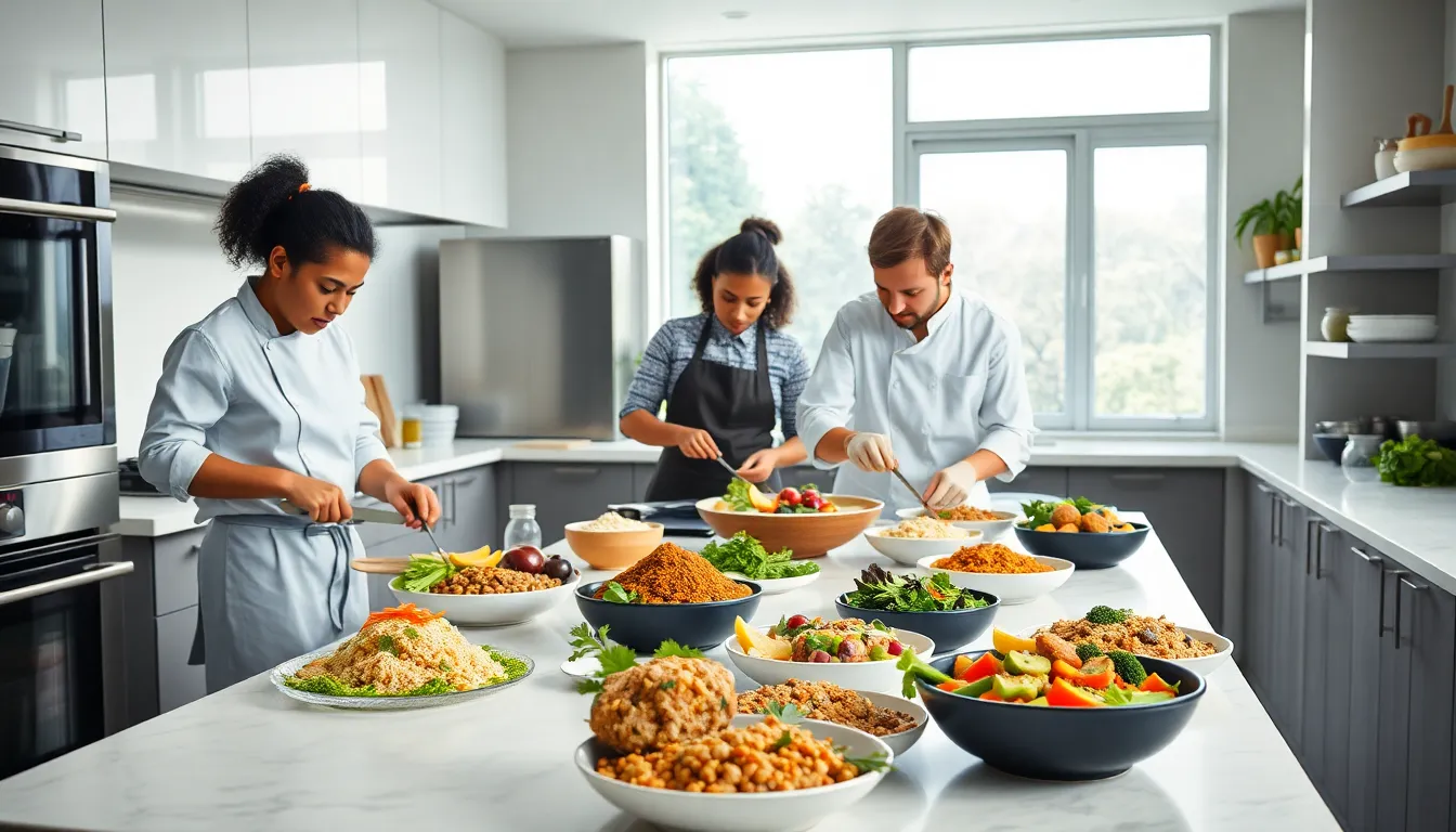 culinary team preparing vibrant plant-based dishes in a modern kitchen.