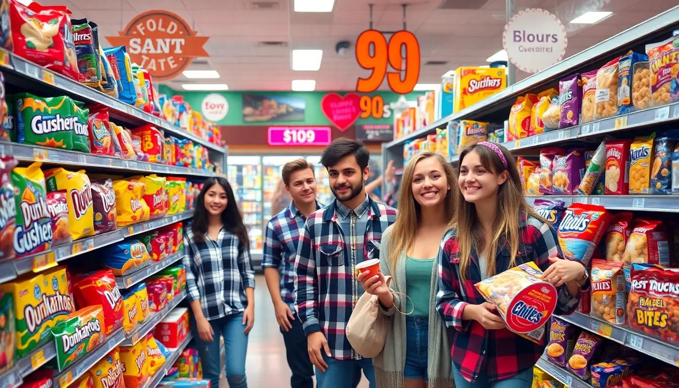 Colorful 90s snacks in a vibrant supermarket aisle.