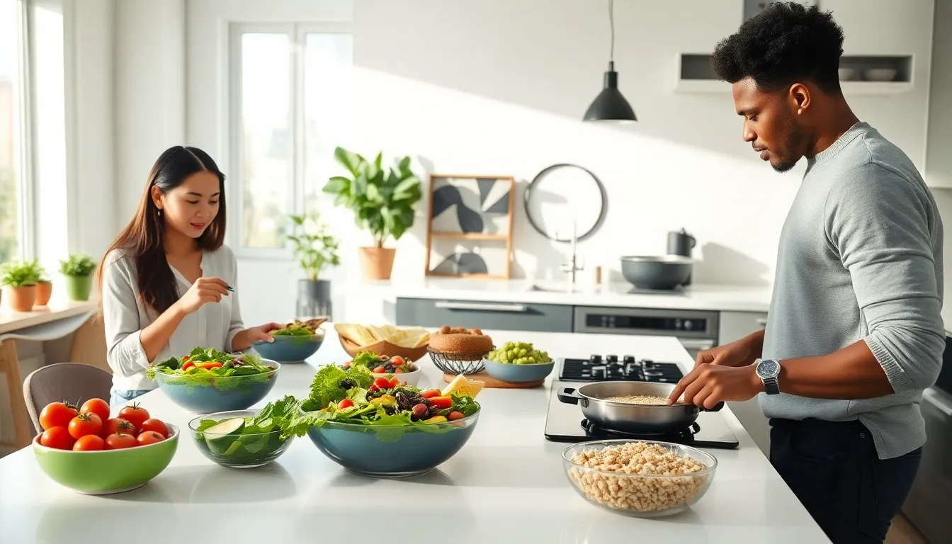 diverse team preparing healthy lunch recipes in a bright kitchen.