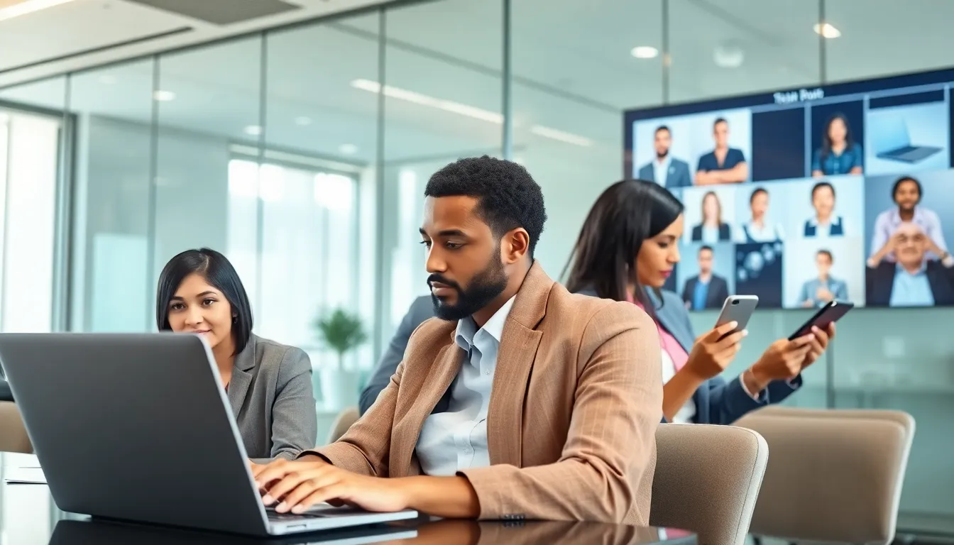 diverse team collaborating through remote communication tools.